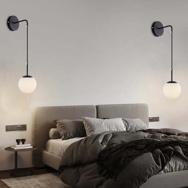 Image of LED Plug in Wall Sconces,Indoor Wall Lights,E26 Wall Mounted Lamps with Spherical Lampshade,Switch and Plug for Bedroom,Bathroom Lighting Fixtures,Black,2 Pack