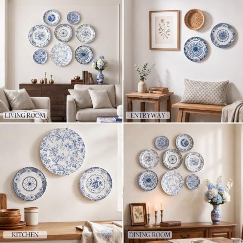8 Pcs Blue and White Ceramic Wall Plates with Hangers, Classic - Image 5