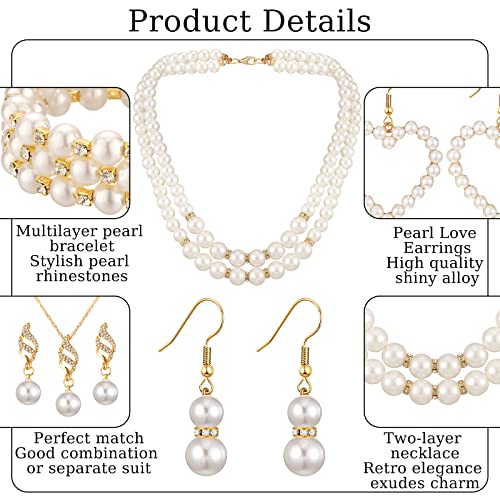Bonuci 8 Pcs Pearl Rhinestone Jewelry Set for Women Pearl Necklace Bracelet Earrings for Wedding Birthday Bridal Tea Party3