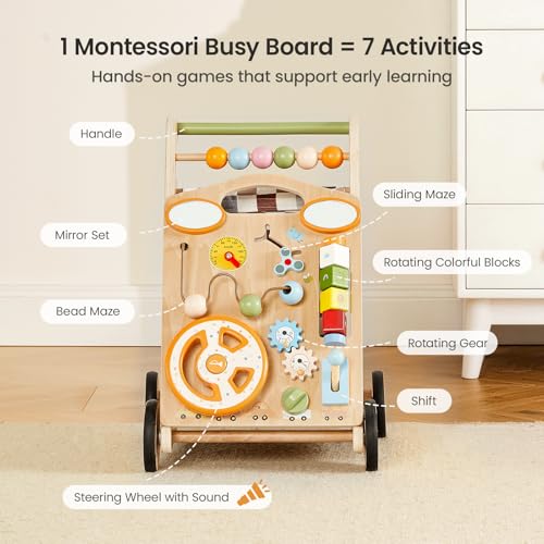 GROWNSY Wooden Baby Walker with Wheels, 3-in-1 Sit-to-Stand Baby Walker with Adjustable Speed, Montessori Push Walker with 7-in-1 Removable Activity Panel, First Birthday Gifts for Boys & Girls - Image 5
