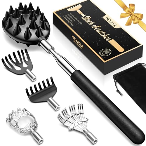 Telescoping Back Scratcher with 5 Detachable Heads, Gifts for Christmas, Stocking Stuffers for Men, Women, Him, Her, Dad, Funny White Elephant Gifts for Adults, Gift Box Included
