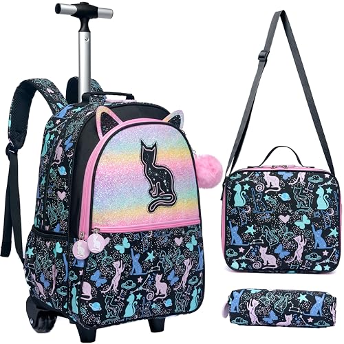 Mochila com rodas para meninas Mochilas com rodas para meninas Mochilas com lancheira para alunos do ensino fundamental (01 Gato)