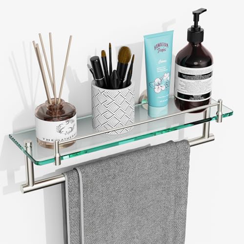 KOCOK Glass Shelf for Bathroom with Towel Bar,16-Inches Brushed Nickel Floating Glass Shelf with Towel Rack Rectangular Tempered Glass Stainless Steel Glass Shelves Wall Mount Accessories