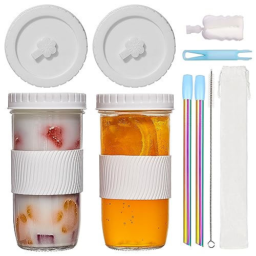  Yirilan Set di 2 tazze per frullato, tazza da tè bolla, tazze Mason Jar con coperchi e cannucce, 680,4 g, colore: bianco