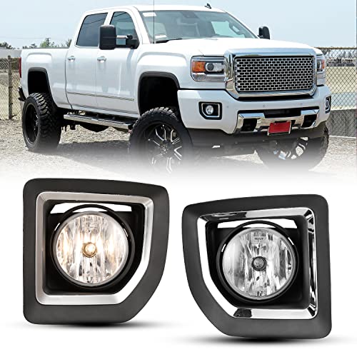 CPW OEM Fog Lights Assembly Fit For 2015 2016 2017 2018 2019 GMC Sierra 2500HD/3500HD, Driver & Passenger Driving Fog Lamps w/PS Halogen Bulbs + Wiring Harness (Black Housing Clear Lens)