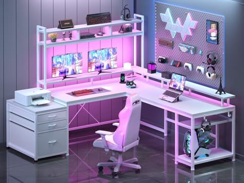 Image of EnHomee 104''L Shaped Desk with 4 Layouts,Outlet for Two Person Home Office | 4 Layout Sizes 64''-104'', Multi-Room Compatibility, 4 AC+2 USB Outlet, Multi-Monitor Stand, Simultaneous Work and Charging