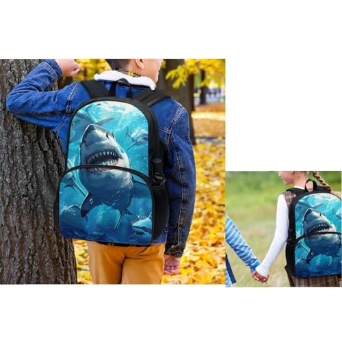 Blue Shark Bookbag and Lunch Box Set for Girls 17 Inch Tween Backpack Boys 4 In 1 Set Little Kid Elementary Student Lightweight Water Bottle Holder with Strap Large Capacity Pencil Case2