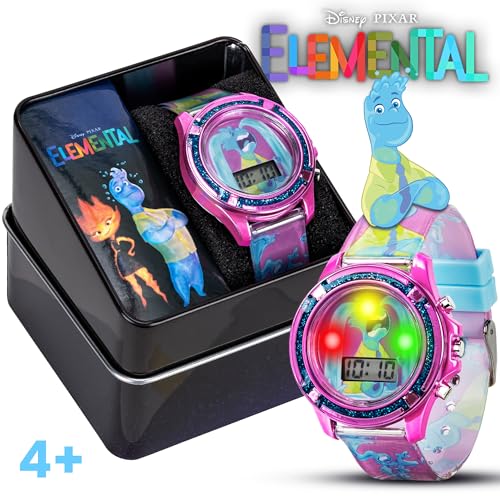 Disney Elemental Wade Kids' Watch – Luminous Water-Themed LED Display, Wade Ripple Purple Strap, Educational & Water-Resistant, Tin Box Included2