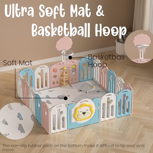 Image of 46 Sq Ft Extra Large Baby Playpen | Lion-Themed 20-Panel Play Yard with Soft Mat & Basketball Hoop | Indoor /Outdoor Toddler Fence | Blue-Pink-White | ISO & CE Certified