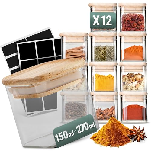 Stapelbare Gewürzgläser Set 150 ml Eckig - 12 Stück - Vorratsdosen aus...