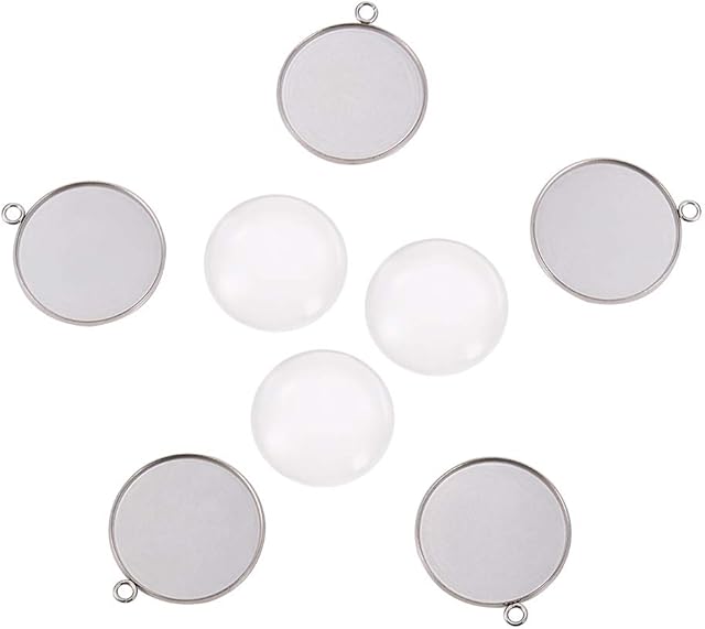 UNICRAFTALE 5 Sets 30mm Flat Round Tray Pendants Making 304 Stainless Steel Pendant Cabochon Settings and Transparent Glass Cabochon Metal DIY Pendant Findings for Women Necklaces Jewelry Making