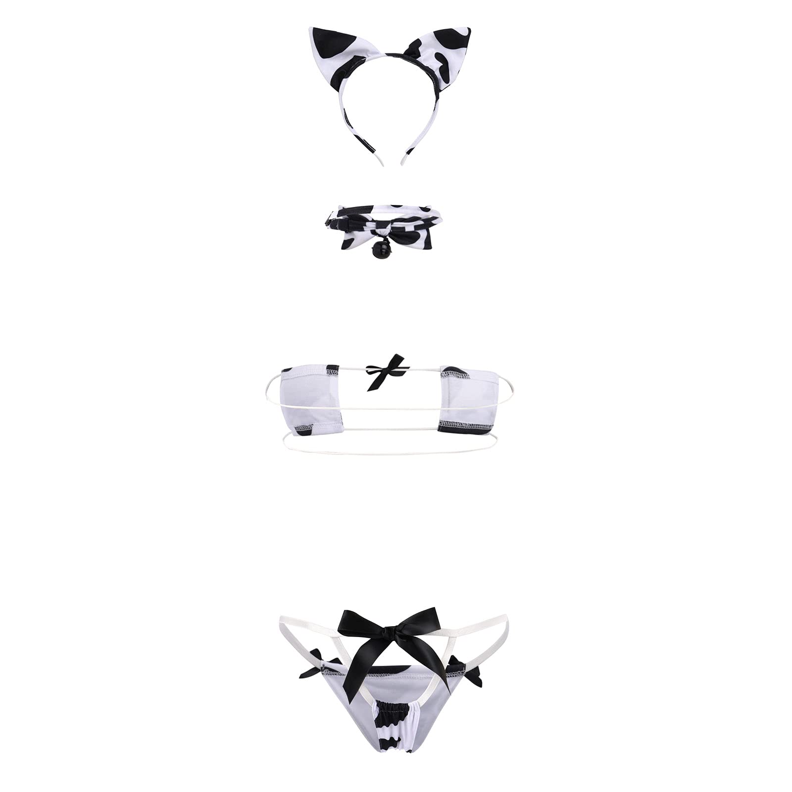 FYMNSI Women Sexy Milk Cow Lingerie Set Anime Maid Cosplay Costume Mini Bikini Bra Bodysuit with Bell Choker Stockings Outfit: One Size White Cow Micro Bikini