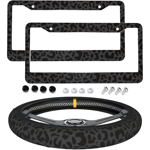 Black Leopard Print License Plate Frame Cheetah Print Steering Wheel Cover