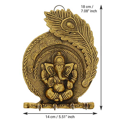 Image of eCraftIndia Golden Metal Lord Ganesha & Peacock Feather Decorative Key Holder for Wall with 4 Key Hooks | Wall Key Holder for Home Decor | Gift for Diwali Housewarming | Diwali Gift for Family Friend