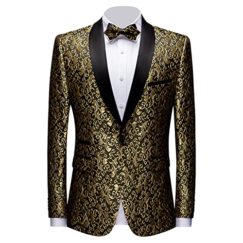 Men Floral Dress Suit Jacket Stylish Lapel Luxury Dinner Party Blazer Slim Fit Printed Wedding Sport Coat Tuxedo (Golden,X-Large)