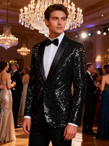 Image of Barry.Wang Mens Sequins Blazer Sparkle Dress Suit Jacket Cocktails Shiny Metallic Disco Dance Party Tuxedo Homecoming