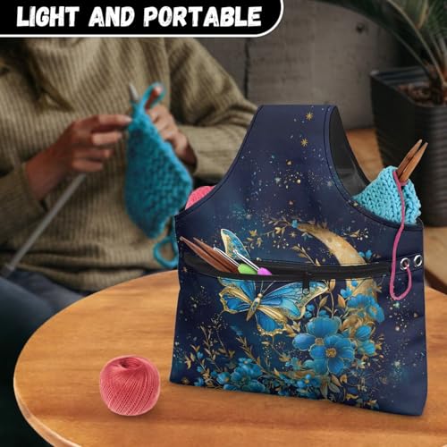 Image of ZUXONGSYBlue Moon Yarn Bags for Knitting Butterfly Yarn Tote Bag for Women Floral Portable Knitting Project HanbBag for Crochet Hooks