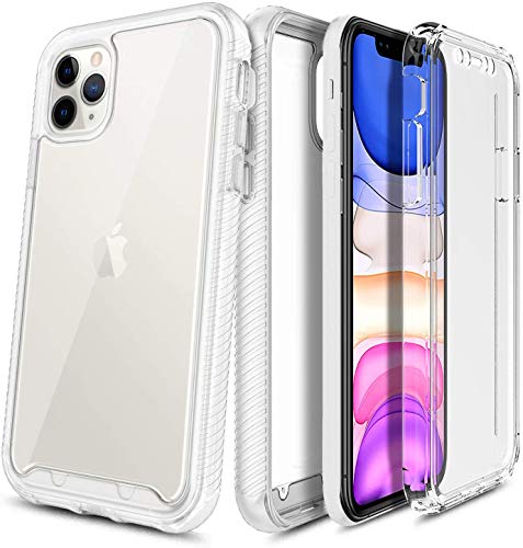 E-Began iPhone 11 Pro Max Case with Built-in Screen Protector, Full-Body Protective Rugged Matte Bumper Cover, Support Wireless Charging, Transparent Back Shockproof Durable Phone Case -Clear
