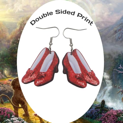 Cute Pair of Ruby Slipper Style Earrings for Women, Oz Costumes, and More. Wicked Cute Pair of Ruby Slippers Drop and Dangle Earrings with Glitter Outline for Women. Ruby Slipper Costume Accessories for Women.4