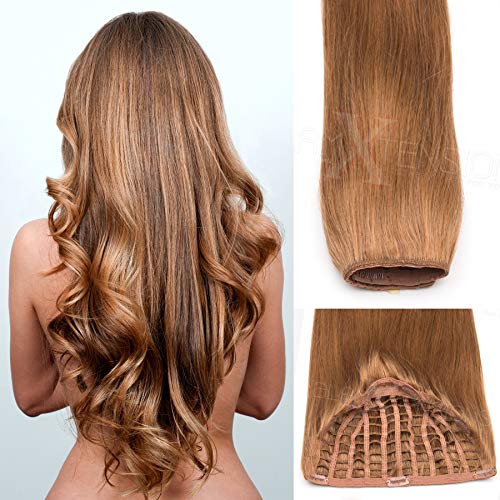 GlamXtensions Echthaarperücke Elegante Halbperücke Half Wig trendige Perücke - Clip in Extensions Remy Echthaar in diversen Farben 50cm (12 Hellbraun) Cover