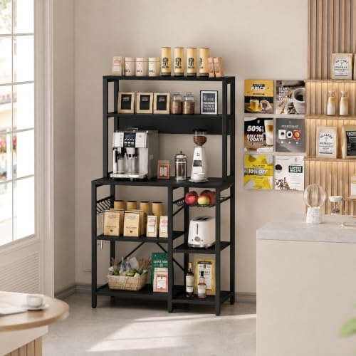 Image of 5-Tier Kitchen Storage Rack | Microwave Stand with Organizer | Kitchen Shelf Unit | Coffee Bar Organizer | Heavy Duty Metal & Wood Cabinet | Black | 90x40x150 cm