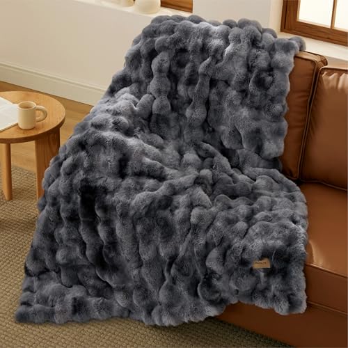 Image of Bedsure Fluffy Bubble Faux Fur Throw XL Blanket, 50 inchx70 inch, Tie-dye Grey