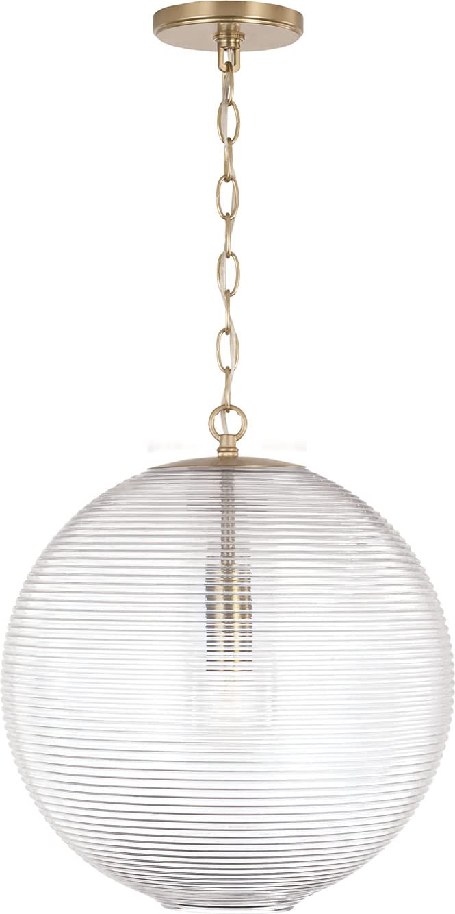 Capital Lighting349911MA Dolan Transitional Art Deco Clear Ribbed Glass Globe Pendant Ceiling Light Fixture, 1-Light 100 Watt, 17"H x 15"W, Matte Brass