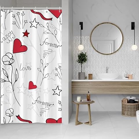 Uiiooazy Rose Flowers Star Stall RV Shower Curtain Set 6 Hooks Valentine's Day Decoration Shower Curtains for Girls Bathroom Red Love Hearts Waterproof Fabric Bathtub Decor Room Divider 36x72 inches Cover