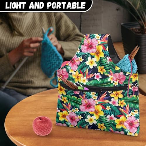 Image of ZUXONGSY Tropical Flower Yarn Bags for Knitting Hibiscus Plumeria Flower Yarn Storage Organizer for Crochet Portable Knitting Project Bag