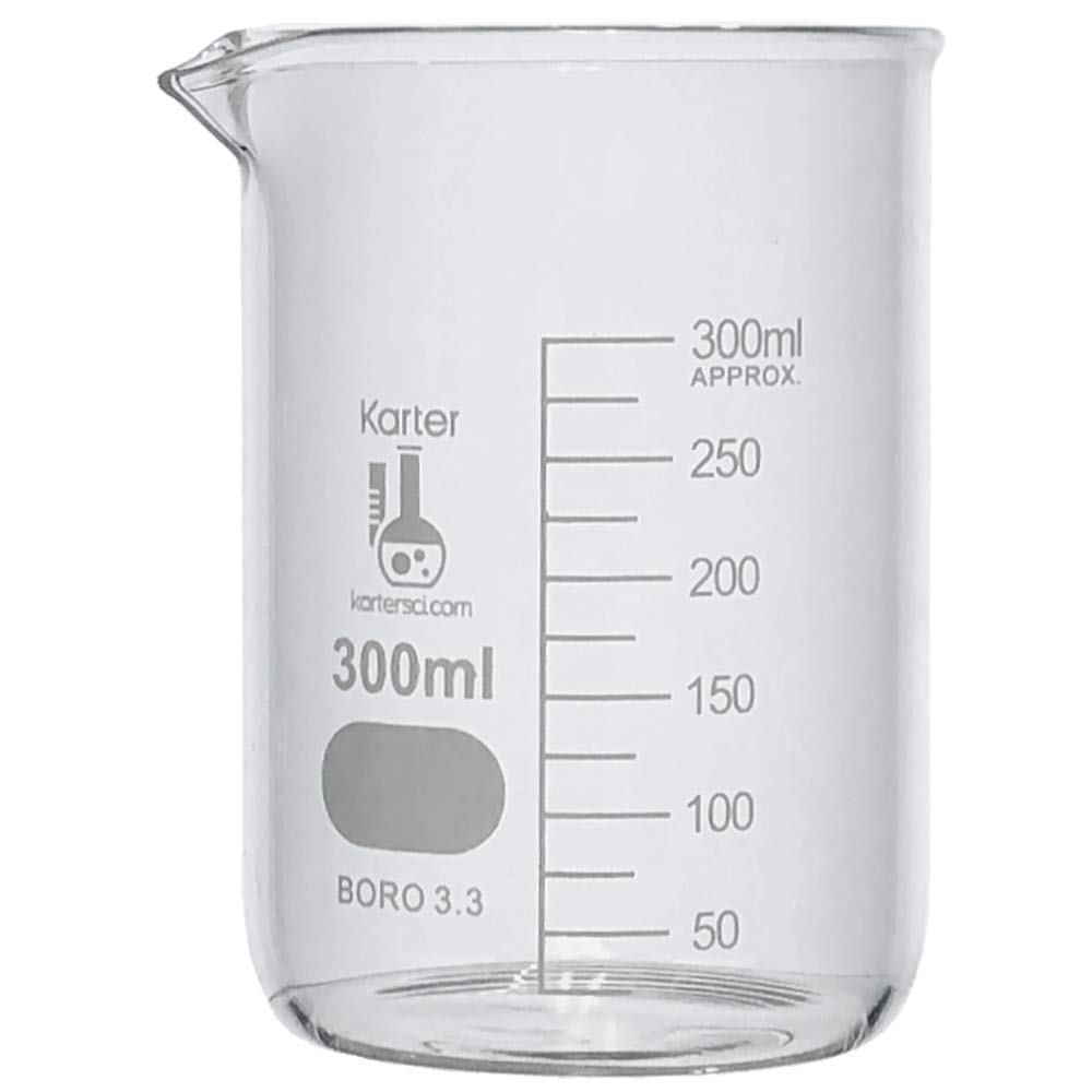 300ml Beaker, Low Form Griffin, Borosilicate 3.3 Glass, Spout & Printed Graduations, Karter Scientific 247J5 (Pack 16)