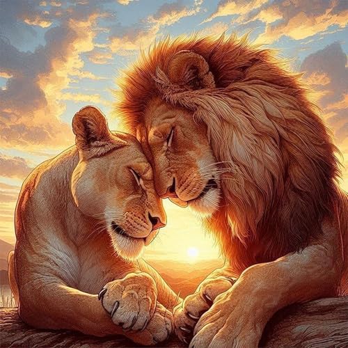Image of Diamond Paintings Kits for Adults Beginners, Full Round Drill Diamond Arts Kits for Adults, Lion Couple Paint by Diamonds, 5D DIY Diamond Painting Dot Gem Art, for Home Wall Decor 13.8x13.8 Inch