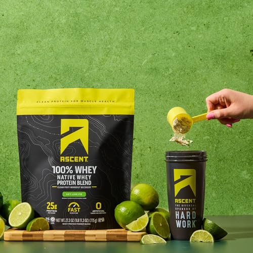 Image of Ascent 100% Whey Protein Powder - Post Workout Whey Protein Isolate, Zero Artificial Flavors & Sweeteners, Gluten Free, 5.5g BCAA, 2.6g Leucine, Essential Amino Acids, Key Lime Pie, 1.7 lb