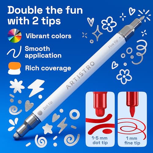 Image of ARTISTRO 36 Metallic Dual-Tip Acrylic Paint Markers - Paint Pens Set with Dot & Fine Tips for Fabric, Rock, Glass, Wood, Coloring Books - Arts & Crafts Gift - Classroom Must Haves & School Supplies