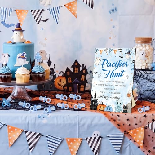 Image of Thyle 51 Pcs Blue Halloween Pacifier Hunt Baby Shower Games Cute Pumpkin Ghost Baby Shower Game Decoration Include Hunt Sign and Acrylic Pacifiers Gift Sets for Halloween Gender Reveal Party Decor