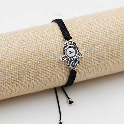 Image of Uloveido Customized A to Z 26 Letters Hand of Fatima Bracelet - Fatima Hamsa Hand Evil Eye Protection Bracelet Lucky Charm Adjustable Braided Black String