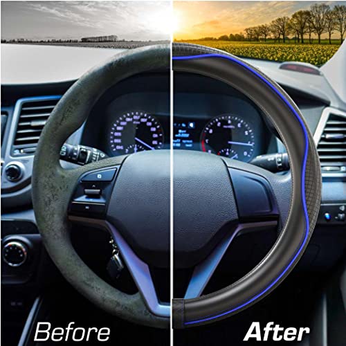 Upgrade4cars Blue & Black Leather Look Steering Wheel Cover | Universal Fit 14.5-15 inch Steering Wheel Cover for Summer & Winter | Car Interior Accessories Gift Ideas | Gifts for Women and Men - Image 6
