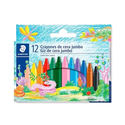 STAEDTLER Giz de Cera Jumbo - 12 Cores - Traço Suave, Cores Vivas, Resistente e Não Mancha – Ideal para Crianças, com Luva de Papel e Espaço para Nome