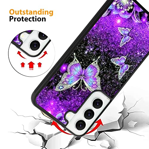 Tjkings Samsung Galaxy S22 6.1 Inch Case,[Screen Protector] Glitter Purple Butterfly Tire Design Flexible Tpu Bumper Anti-Scratch Shockproof Protective Case For Galaxy S22 #TOP3