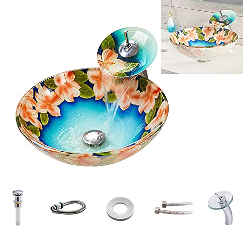 QJJML Basin Sink Modern Tempered Glass Bowl Mounted Countertop Bathroom with Chrome Pop up Drain, Waterfall Tap