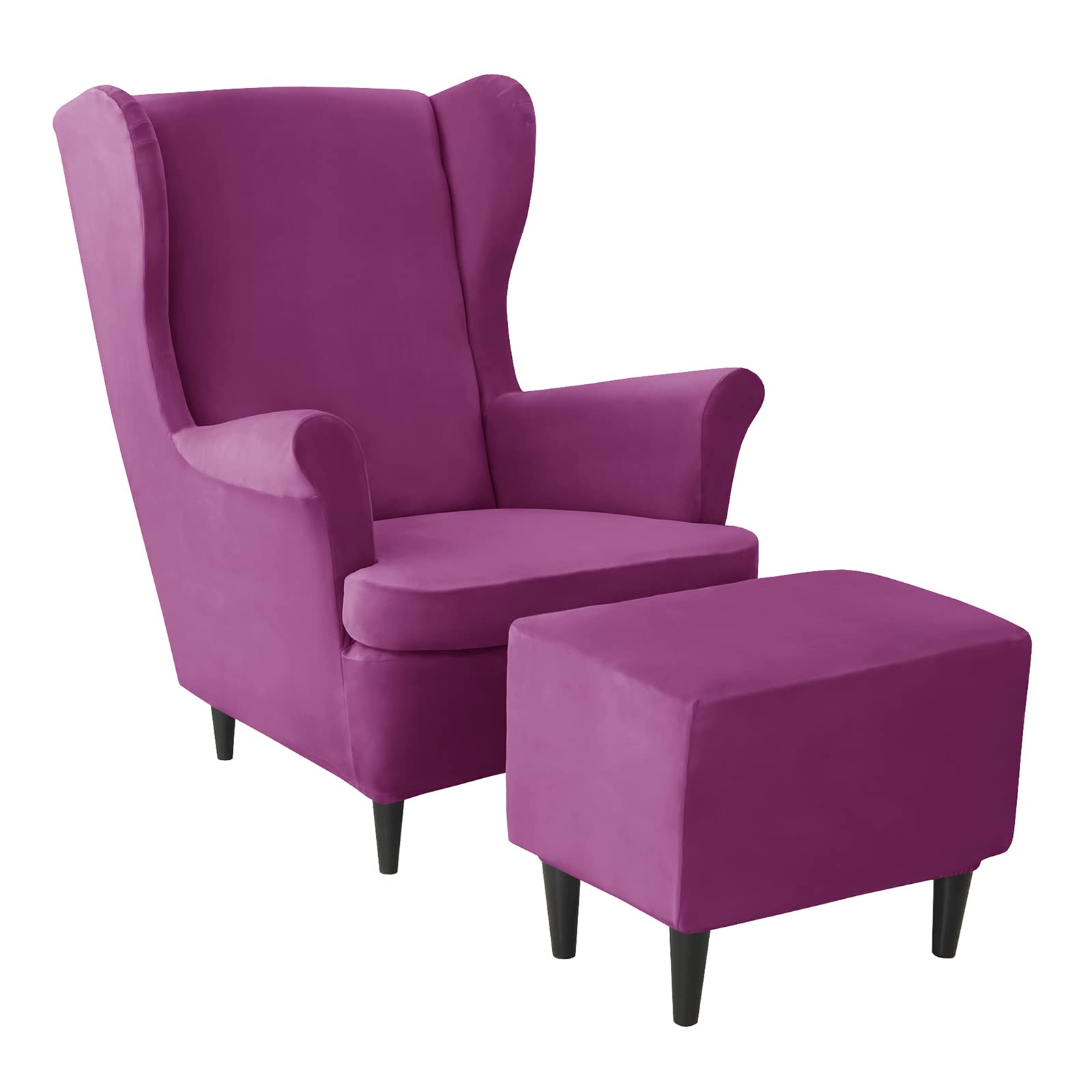 JHLD Velvet Stretch Wing Chair Cover Set, Wingback Chair Cover with Ottoman Cover 3 Piece soft Wingback Chair Slipcover Removable Washable Ottoman Slipcover-Purple-3 pieces