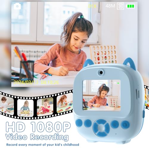 キッズカメラインスタントプリント、多機能幼児用カメラ、写真プリント付き2.4インチHDスクリーンデジタルカメラ、3~12歳の女の子へのクリスマス誕生日プレゼント(ブルー)