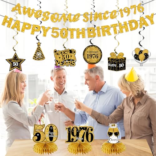 Image of Kuxriox 11Pcs 50th Birthday Decorations Kit for Men Women, Black Gold Happy 50th Birthday Banner, Awesome Since 1976 Centerpieces Swirls Party Supplies, Fifty Bday Banner Ceiling Table Topper Sign