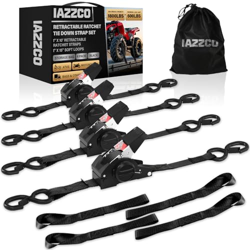 IAZZCO Retractable Ratchet Tie Down Straps - 1 Inch x 10 Feet (1800 LB Break Strength) Heavy Duty Self Retracting Ratchet Straps, for Trucks/ATV/Motorcycle/Cargo/Household(Black/4 Pack)