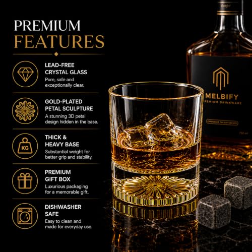 Image of Melbify Italian Petal Whiskey Glasses | 300ml | Set of 4 | Artistic | Designer Whiskey Glass | Elegant | Premium| Royal | Luxurious | High end Expensive Whisky Glasses with Gold Plated Bottom