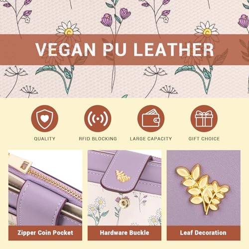 Image of YINHEXI Women's Wallet, Compact and Small Bifold PU Leather Card Holder, Mini Purse with Coin Pocket for Ladies, Girls (Floral Lavender)