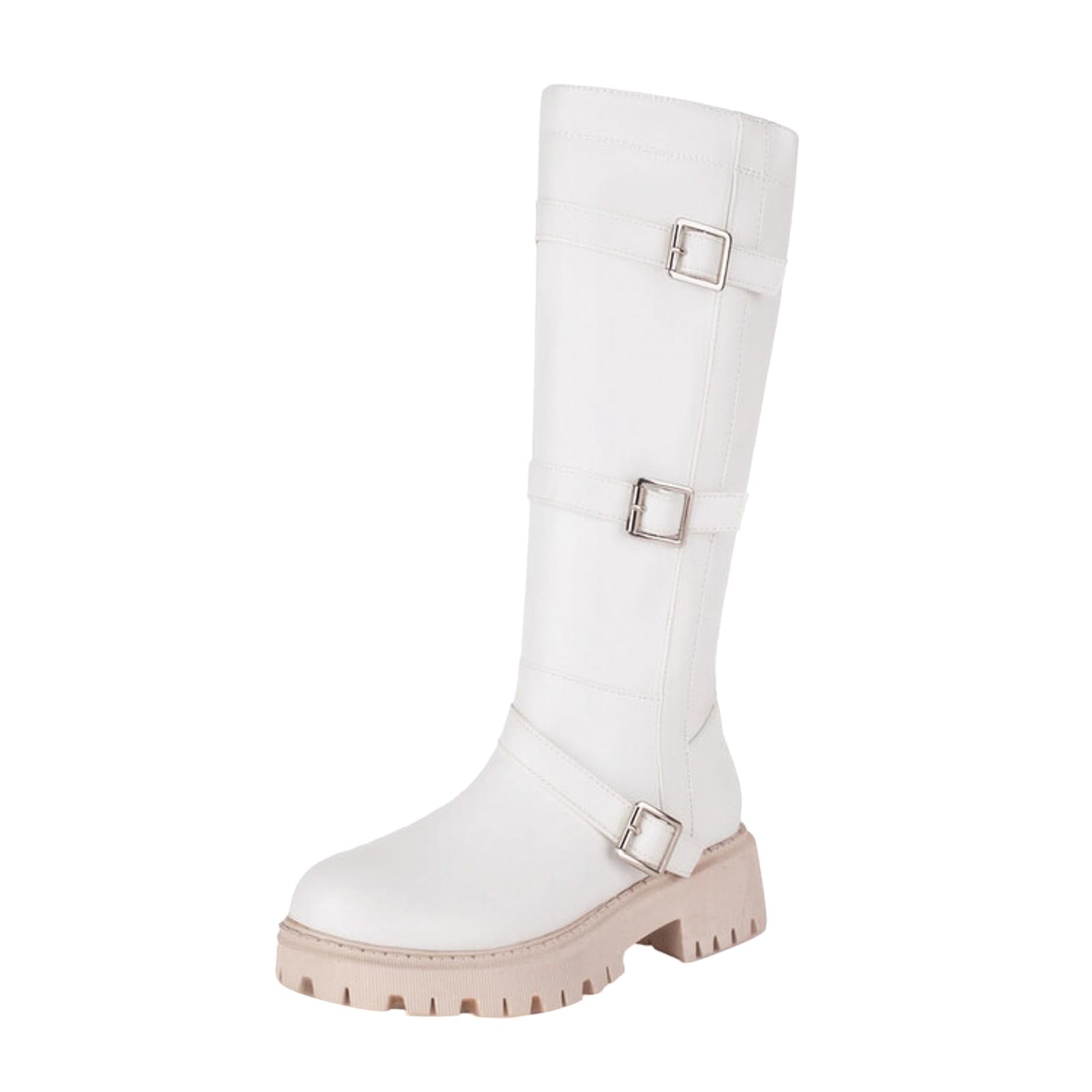 Botas de Invierno Mujer Botas hasta la Rodilla de Manga Larga con Hebilla cinturón Cuero Liso Estilo británico a la Moda para Mujer