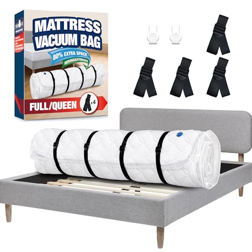 Vacuum Mattress Bag for Memory Foam and Latex with Band, Ideal for Convenient Moving, Storage and Transportation (Queen/Full) (Black)