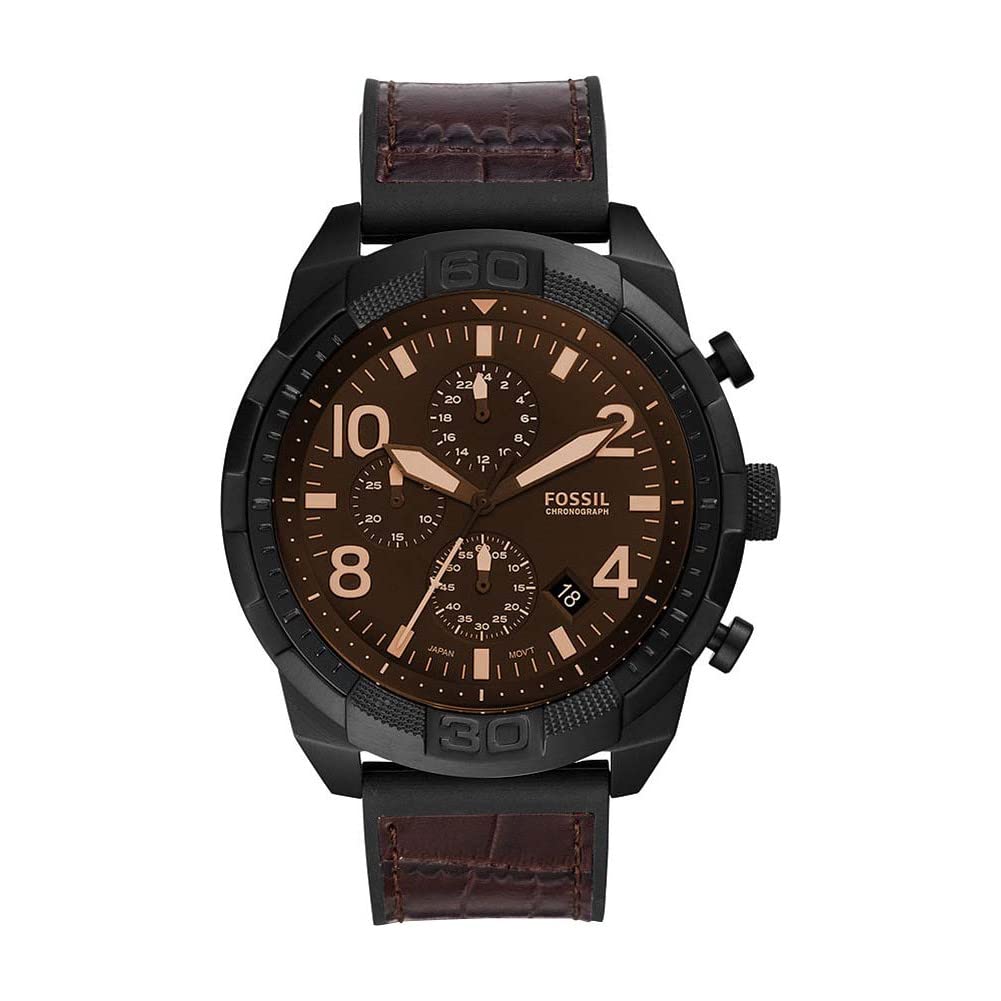 FOSSILWatch for Men Bronson, Chronograph Movement, 50 mm Black Stainless Steel Case with a Leather Strap, FS5713