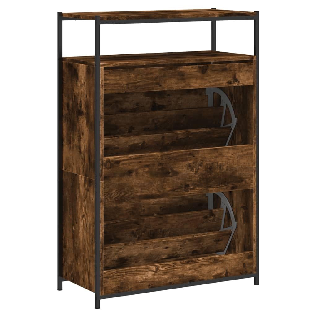 Szafka na buty, dąb wędzony, materiał drewnopochodny, 75 x 34 x 112 cm, wąska, nie zajmuje dużo miejsca, z 2 klapkami i 1 półką do przedpokoju, przedpokoju i wejścia, praktyczne