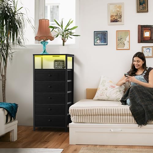 Image of BOLUO Black Dresser with 5 Drawers Tall Nightstand with Charging Station and LED Light, Bedside Table Room Storage Drawers Closet